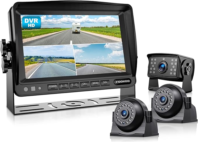 Fookoo HD 1080P 7" Wired Backup Camera System, 7-inch Quad Split Screen Monitor W/Recording, IP69 Waterproof Side & Rear View Cameras, Parking Lines for Truck/Trailer/RV/Tractor/ 5th Wheel (DY703)