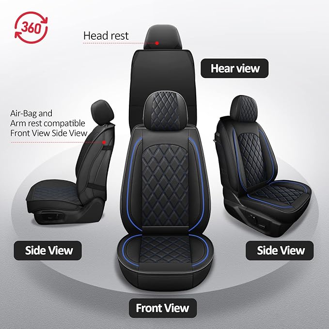 MIROZO 2PCS Front Truck Seat Cover,Waterproof Ram Seat Covers Truck Cushion Compatible with 2009-2025 RAM 1500 2500 3500 Pickup Crew Quad Cab (2PCS Front,Black and Blue)