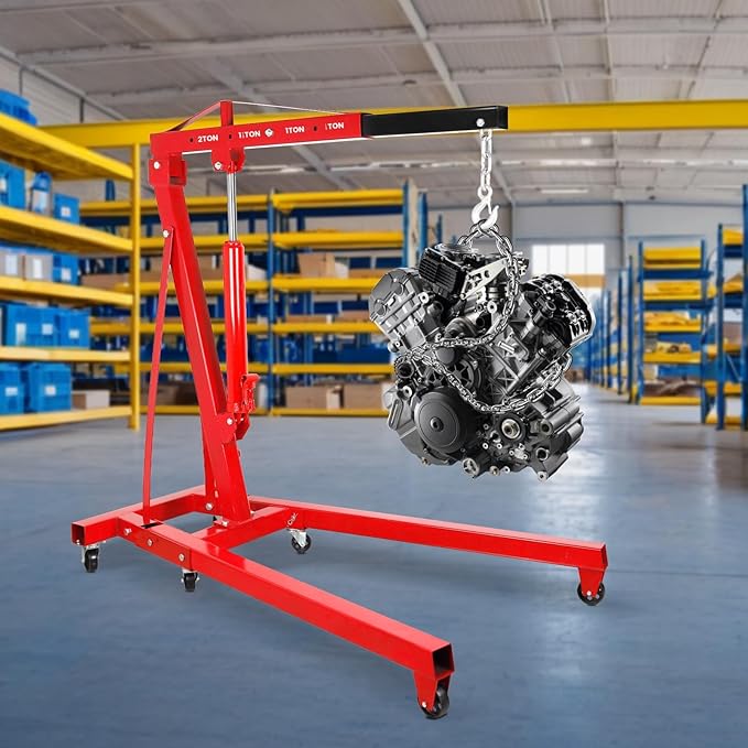 Engine Hoist Cherry Picker with Leveler, 2-Ton Folding Hydraulic Workshop Crane Lift with 6 Swivel Wheels and Telescopic Boom, 4400 Lbs Capacity Heavy-Duty Crane for Garage, Automotive Repair (Red)