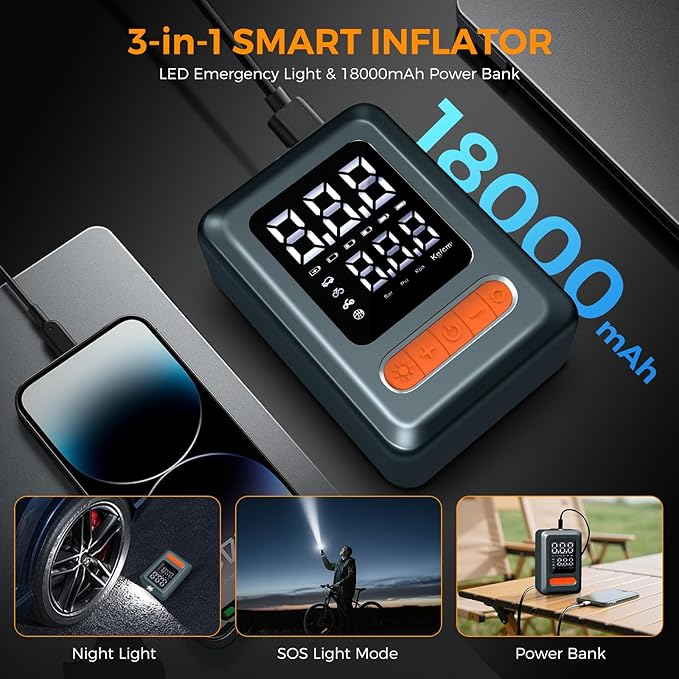 Tire Inflator Portable Air Compressor, 150 PSI Cordless Mini Bike Tire Pump, Air Pump for Auto, Motorcycle, Bicycle, Balls with Pressure Gauge&LED Light, Grey, Medium