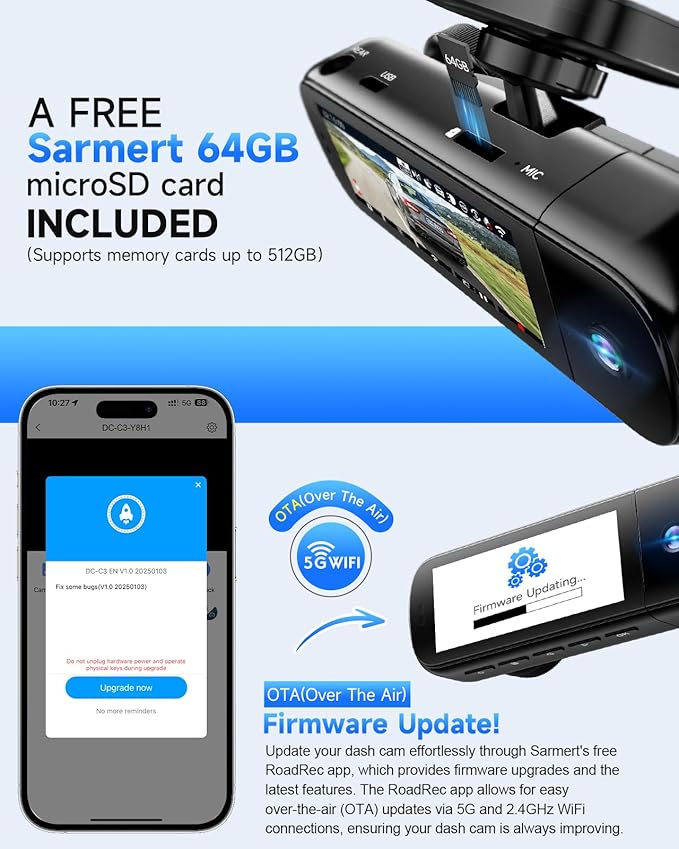 3 Channel Dash Cam, SARMERT 4K Dash Cam Front Inside and Rear with Free 64GB Card, 4K+1080P+1080P Car Camera, G-Sensor, WDR, APP, 5G WiFi, Night Vision, 24H Parking Monitor