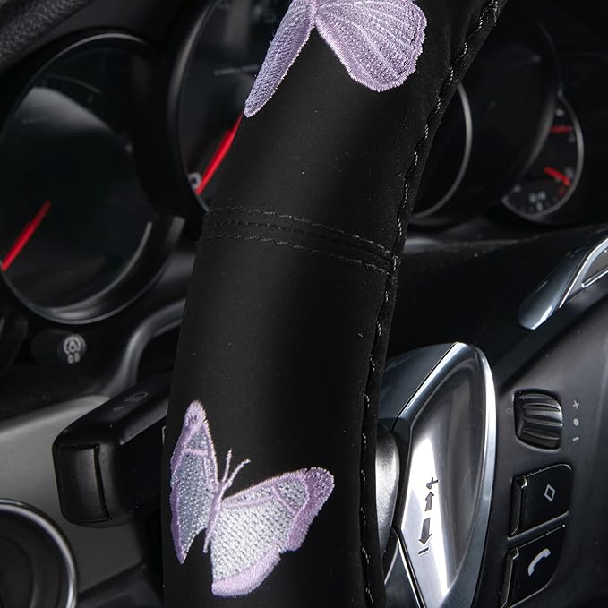 Car Pass Purple Embroidery Butterfly Steering Wheel Cover, Universal 15 Inch Car Wheel Cover for Women Girls, Fit for Suvs,Small Trucks,Sedans,Cars (Black and Purple)