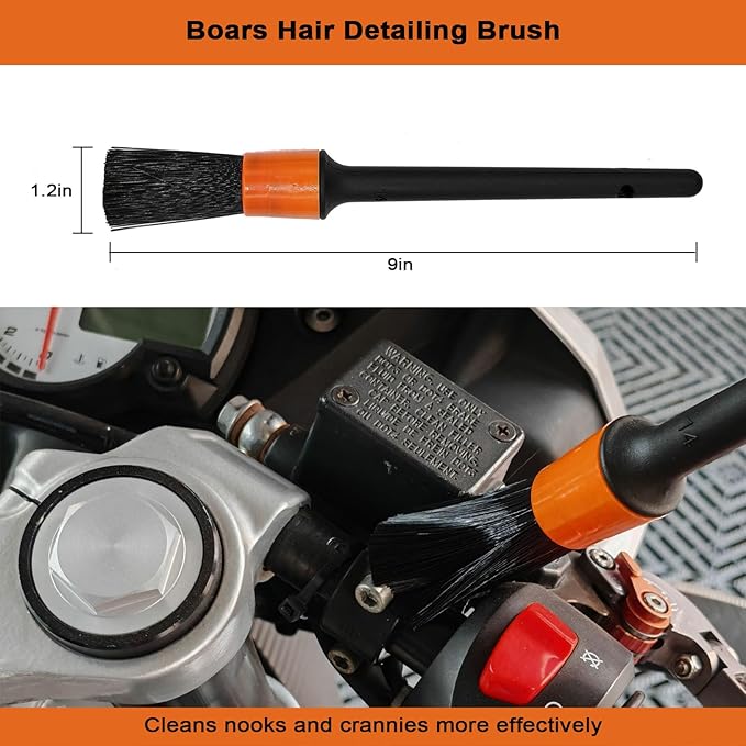 Motorcycle Cleaning Brush Kit 6 Pack with Easy Reach Brush,Wool Wash Mitt,Detailing Brush,Tire Brush,Chain Brush and Microfiber Towel for Cleaning Motorcycle Mudguard, Rims, Paint, Exhaust