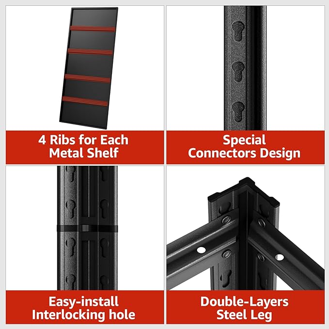 5 Tier Metal Shelving Unit 84" H x 48" W x 24" D, 3000LBS Adjustable Storage Shelves, Heavy Duty Garage Shelves for Warehouse, Basement, Kitchen, Pantry, Living Room, Black
