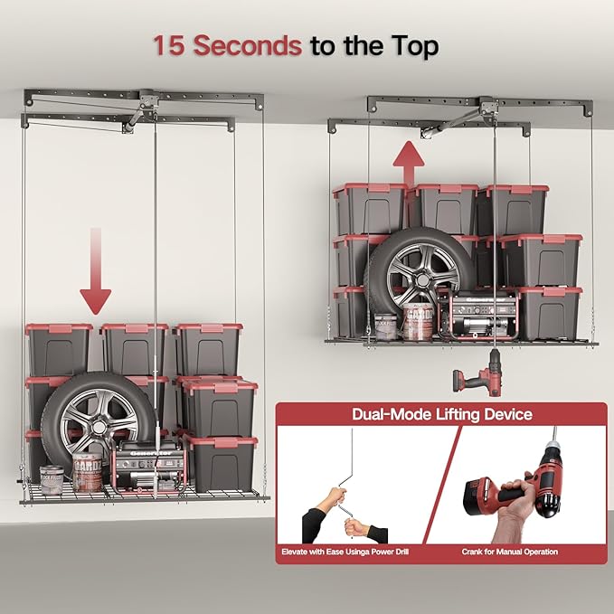 Overhead Garage Storage Rack, Adjustable Heavy-duty 4x4 Ft Ceiling Storage Racks with Safety Lock, Ideal for Garage Storage Lifting Organization System, 250lbs Capacity