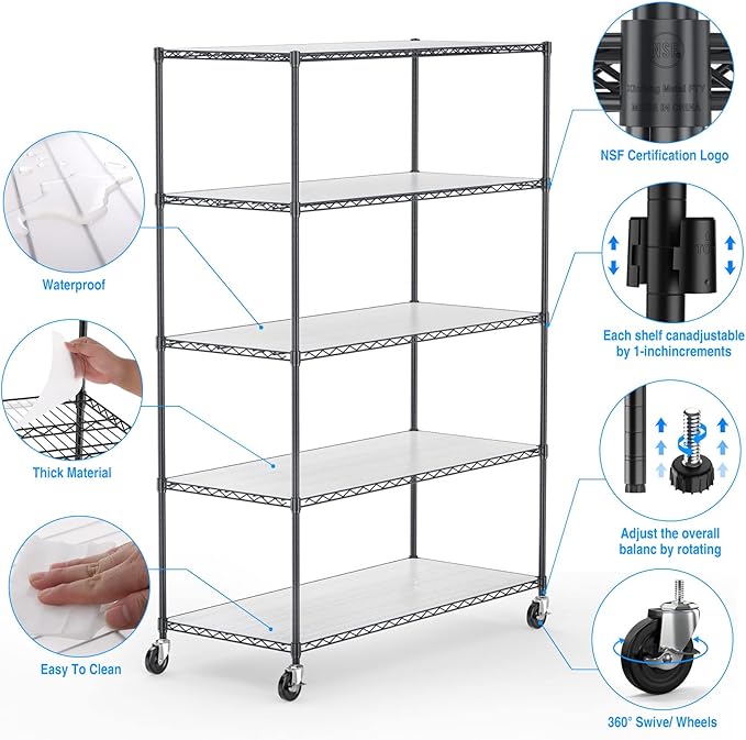 pouseayar Black 5 Tier Shelf Wire Shelving Unit, 6000lbs Capacity NSF Metal Heavy Duty Adjustable Storage Rack with Wheels & Shelf Liners, 82" H x 48" L x 24" D
