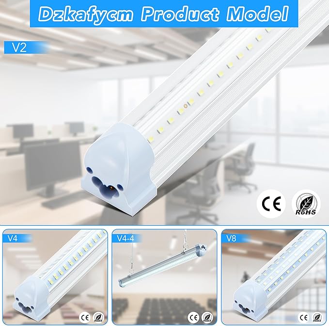 10 Pack 8FT T8 LED Shop Lights, 100W Integrated Tube Light, 19200LM 6000-6500K Daylight, Linkable Lighting, Plug & Play Energy-Saving Commercial Bay Lighting Garage Warehouse Basement (V2)