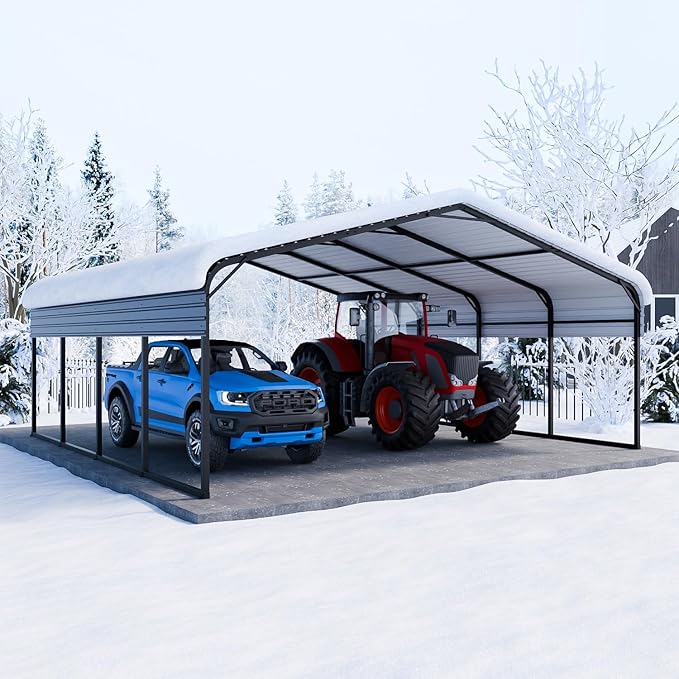 EBE 20' x 20' Outdoor Carport, Heavy Duty Metal Carports with Galvanized Steel Roof and Enhanced Base, Carport Canopy Car Shelter Shade for Cars, Ractor, Boat