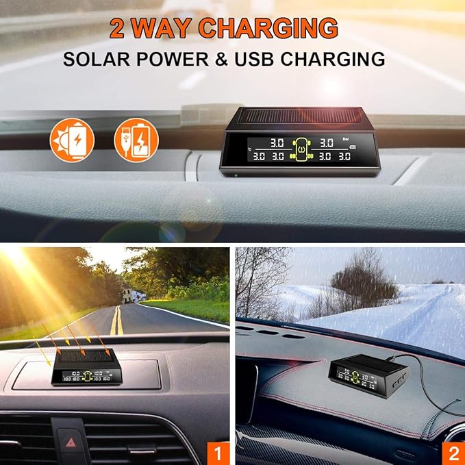 RV TPMS Tire Pressure Monitoring System, TS200 Solar Wireless TPMS with 6 Tire External Sensors Digital LCD Display RV Auto Security Alarm for Car RV Trailer Truck Tow Motorhome
