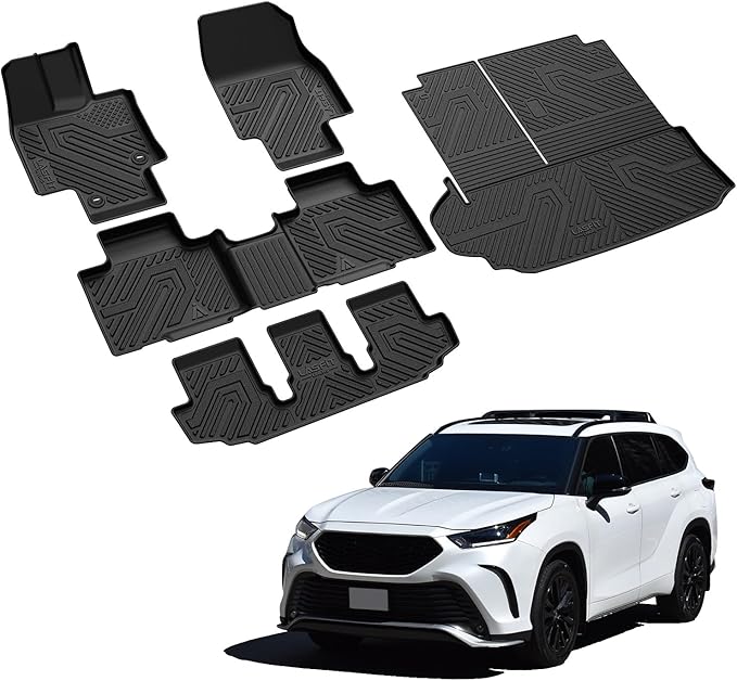 LASFIT Floor Mats & Cargo Mat for Toyota Highlander 2020-2025 (Fit Hybrid, 7&8Seats), All Weather Fit TPE Floor Liners, 3 Rows & Cargo Liner Back Seat Cover for Highlander car mats(Not Subwoofer)
