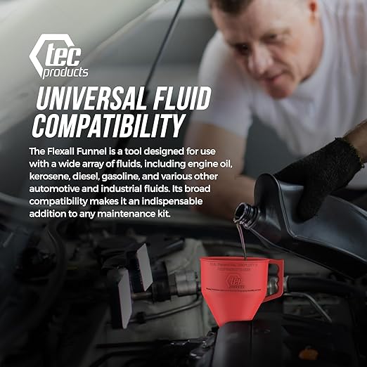 FlexAll Long Flexible Funnel for Automotive Use - Durable Nitrile Rubber - Ideal for Car Oil Change, Transmission Funnel Fluid, Diesel, Fuel, Gas - Made in USA - Red (12 x 4 Inches)
