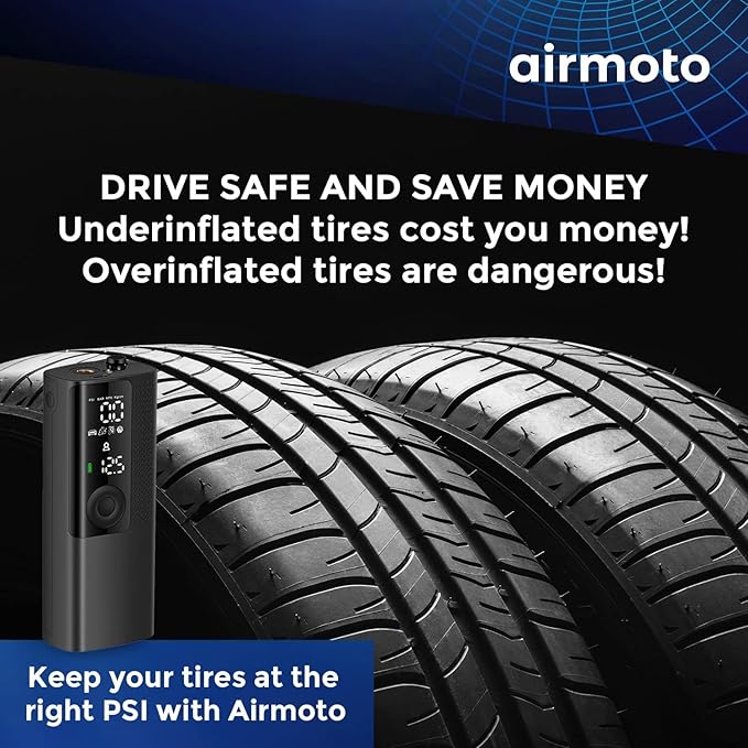 Airmoto Tire Inflator Portable Air Compressor - Air Pump For Car Tires with Digital Pressure Gauge, LED Light and Auto Shut-Off Function - Cordless Pump for Car, Motorcycle, Bicycle, Balls and More
