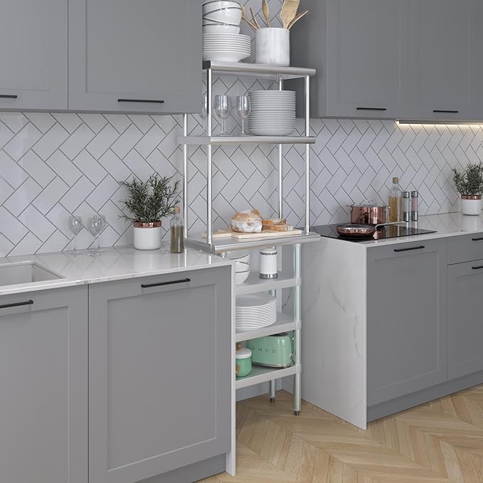 Amgood 14" x 24" Stainless Steel Work Table with 3 Shelves and 12" Wide Double Tier Overshelf | Metal Kitchen Prep Table & Shelving Combo | NSF