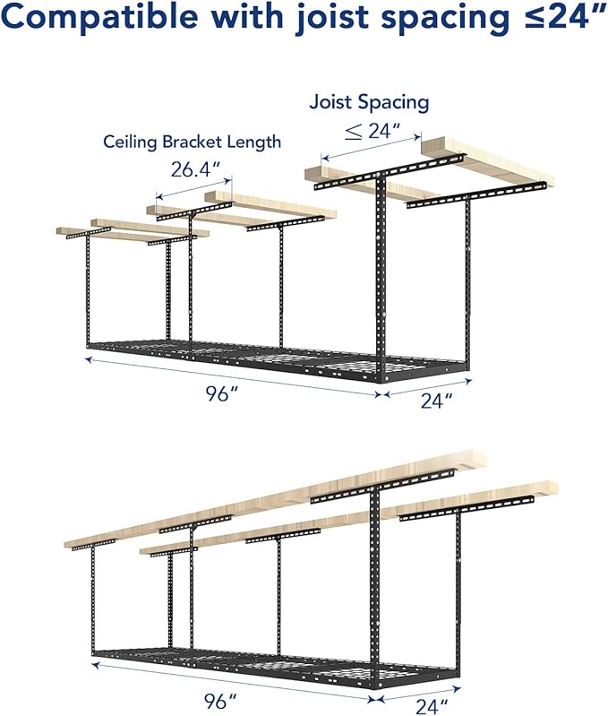 FLEXIMOUNTS 2x8 Garage Storage Rack, Adjustable Overhead Storage Organization System, Heavy Duty Metal Ceiling Rack, 400lbs Weight Capacity, Black