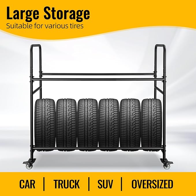 Tire Rack, Adjustable Height Metal Rolling Storage Rack 60" x 59" x 21" for Garage, Warehouse, Indoor Outdoor Use, Holds Firewood & Tires