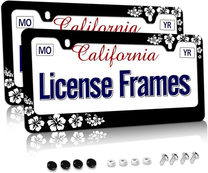 Stainless Steel Hibiscus Flower License Plate Frame Hibiscus License Plate Holder， Tropical Floral Car License Plate Covers Accessory tag Frame with Screws for Women 12.3" X 6.3"