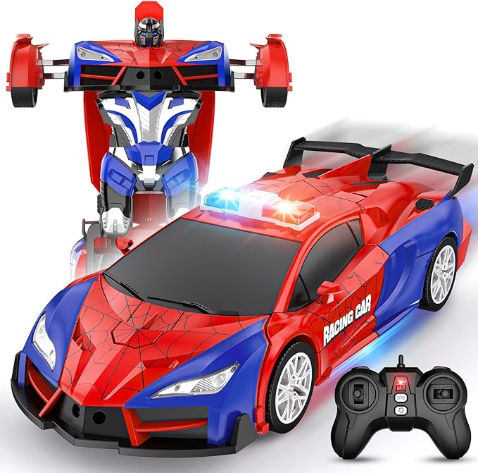 Remote Control Car for Boys 4-7, 2.4GHz RC Car 1:18 Scale, One-Button Transforming Toy with 360° Spins, LED Lights