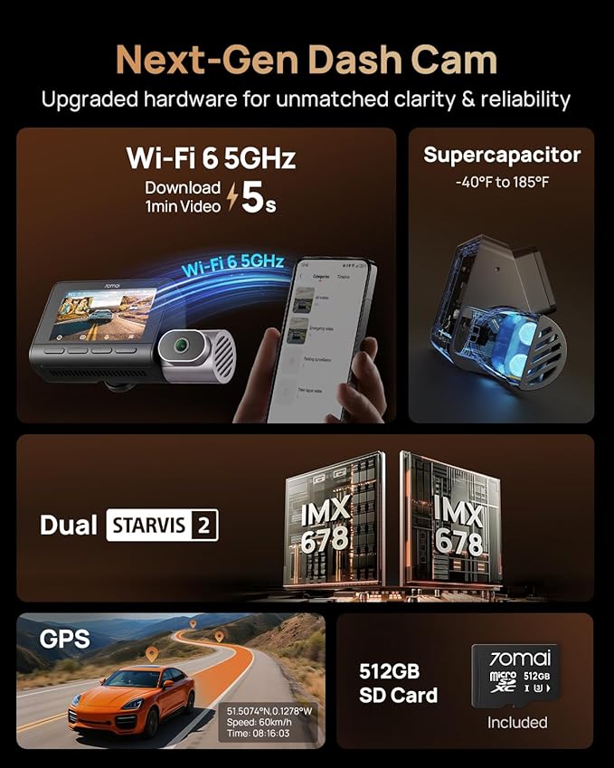 70mai 4K T800 3 Channel Dash Cam, Dash Cam Front and Rear Inside(2160P+2160P+1080P), STARVIS 2 IMX678, HDR Night Vision, Dash Camera for Cars with 512GB Card, WiFi 6, 4G LTE, ADAS, 24H Parking Mode
