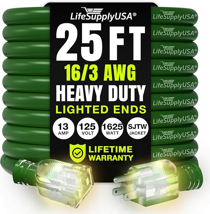 25ft Outdoor/Indoor Extension Cord 16/3 Gauge Heavy Duty 3 Prong SJTW, Waterproof, Flexible Cold-Resistant Long Power Cord,13A 125V 1625W, Green by LifeSupplyUSA
