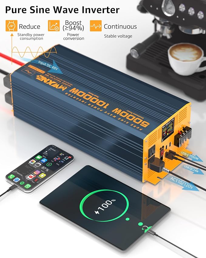 5000 Watt Power Inverter Pure Sine Wave 48V DC to 110V 120V 10000W Peak Heavy Duty Inverter with Remote Control and LED Display, 4 USB/Type-C Ports & 2 AC Outlets Car Charger for Vehicles RV