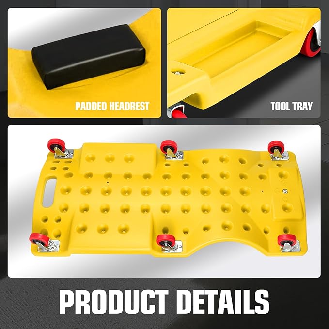 DNA MOTORING 36" L X 17" W x 4.25" H Vehicle Repair Low Profile Automotive Creeper w/Padded Headrest, Yellow, TOOLS-00201-YL