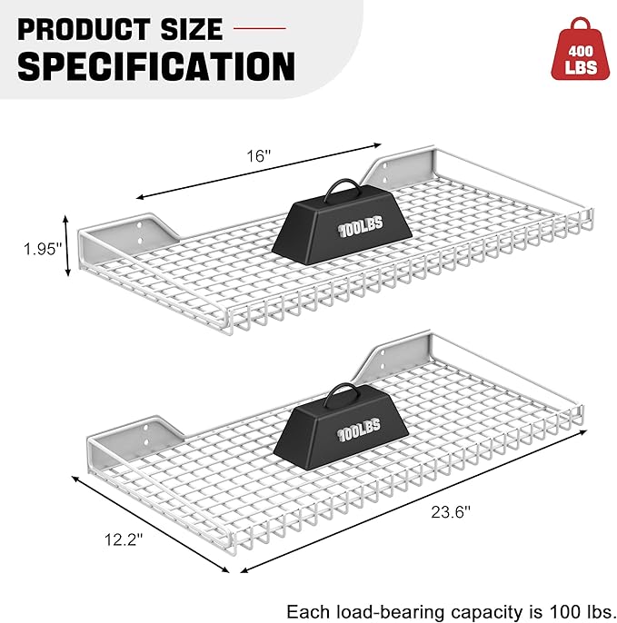 Ultrawall Wall Mounted Storage Shelf for Garage, 4 Pack Metal Shelf Rack, Heavy-Duty Wall Organizer Shelves Suitable for Shop, Shed, Garage 23.5inch x 12inch(White)