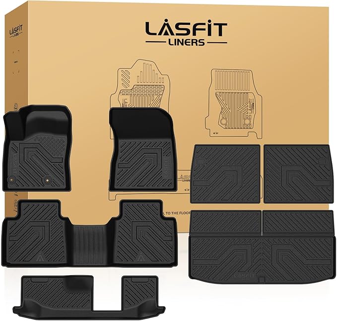 LASFIT Floor Mats & Backseat Cargo Mat for Mitsubishi Outlander 2022-2025 (Not Fit PHEV or Sport Models), TPE All Weather Protection Custom Fit 3 Row Rubber Floor Liners, Black, Easy to Clean