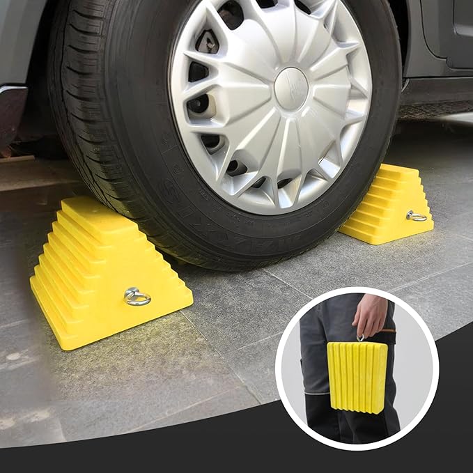 Premium 4 pcs Heavy Duty Wheel Tire Chocks, Vehicle Chocks with Eyebolt for Travel Trailers, Camper, Truck, Car and ATV 4 Pack, Yellow