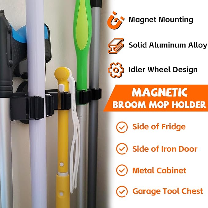 Magnetic Broom Holder Rack,Strong Magnetic Mount Mop Holder 4 Racks for Cleaning Tools,Non-slip Magnetic Tool Holder Broom Hooks for Apartment RV Camper Garage Kitchen
