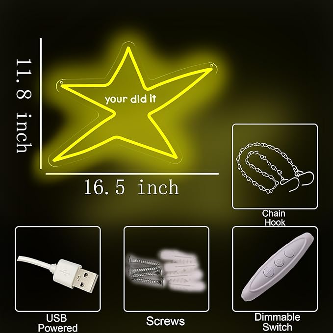 Star Classroom Neon Sign,Your Did It Star LED Neon Light Sign for Classroom, Congrats Party, Motivational Decor for Bedroom, Office, Celebration,Encouragement and Funny Gag Gifts
