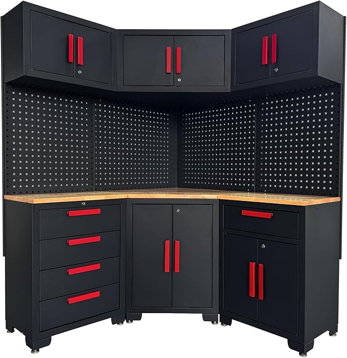 Red Garage Cabinet Storage System 10-Pcs Corner Workshop Set Garage Cabinet and Storage System for Tool Organization
