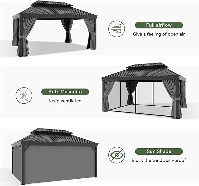 Aoxun 12' X 16' Permanent Hardtop Gazebo Aluminum Gazebo with Galvanized Steel Double Roof for Patio Lawn and Garden, Curtains and Netting Included, and LED Outdoor Waterproof Hanging Lights, Grey