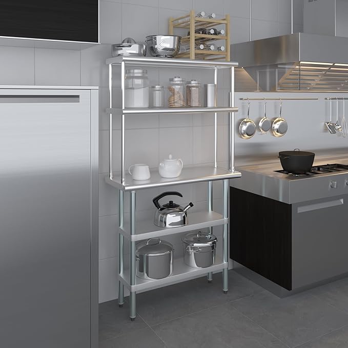 Amgood Stainless Steel Work Table with 2 Shelves | Metal Kitchen Prep Table & Shelving Combo (14" x 36" Table with 2 Shelves + 12" Overshelf)