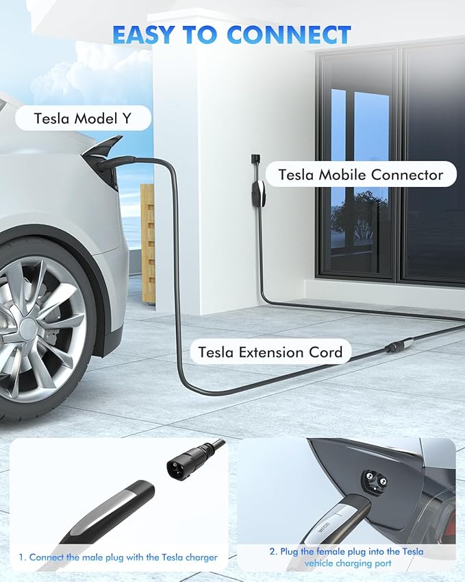 EV Charger Extension Cable for Tesla Charger, 50Amp 21ft Max 240V 12kW with NACS Plug, EV Extension Cord for Level 1/2 Tesla Mobile Charger/Wall Connector, Extension Cord for ModelY/X/3/S/Cyber-truck
