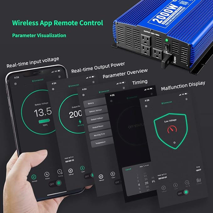 2000W Pure Sine Wave Inverter 12V DC to 110V AC Power Inverter for Home/Truck/RV/Camping/Boat/Off Grid Solar System Car Inverter with 3AC Outlets, 1 USB Port and APP Remote Control