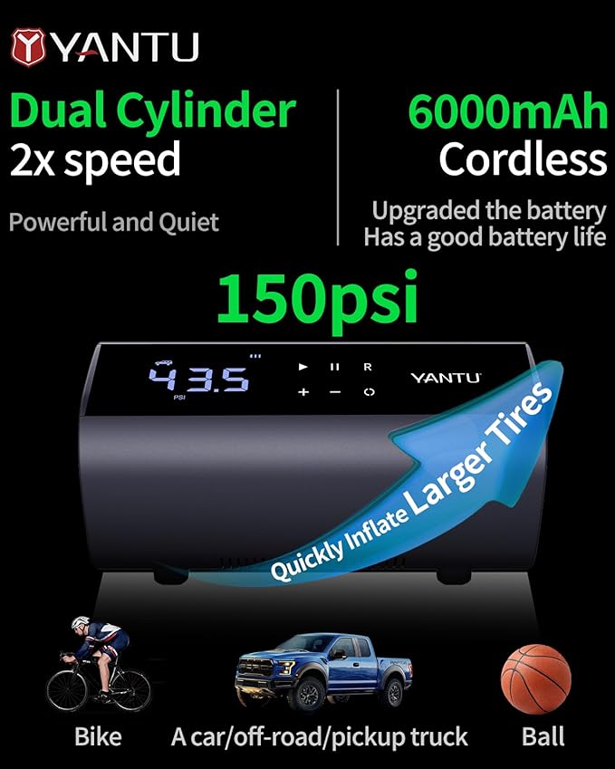 YANTU Dual Cylinder Tire Inflator Portable Air Compressor With 8.3-Inch Large Digital Screen,12V Cordless/battery powered Car Air Pump For Car Tires，Electric Auto Shut Off for Truck/Bike/Pickup/Moto