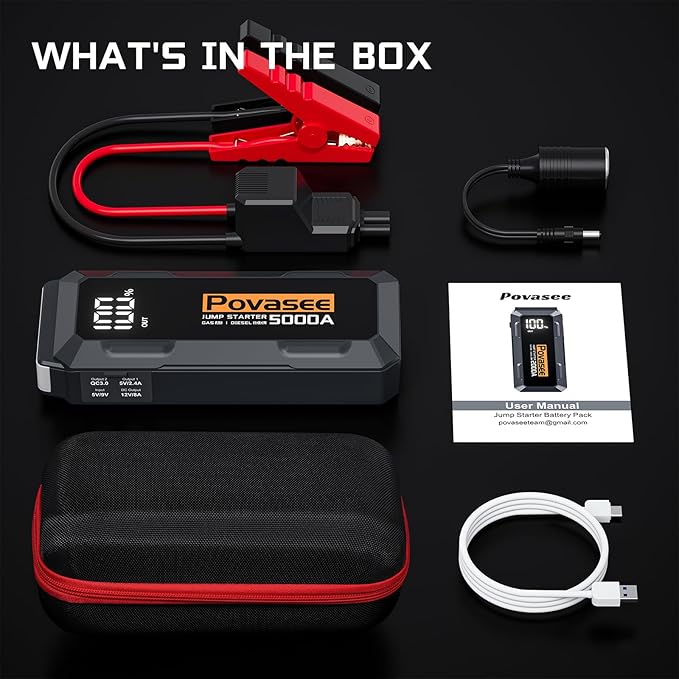 Car Battery Jump Starter 5000A Jump Box (All Gas/10L Diesel) Portable Car Jump Starter Battery Pack, 12V Jumper Starter Portable 3" LCD Display/Power Bank/Dual Output/LED Light DC