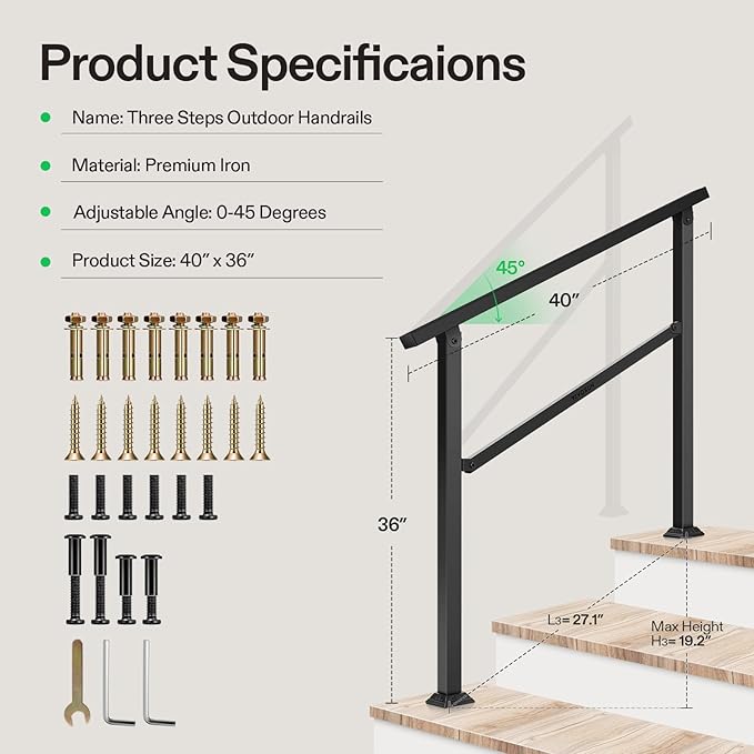 VIVOSUN Outdoor Handrail, 3 Step Stair Handrail, 40" x 36" Fits 1 to 3 Steps, Wrought Mattle Iron Handrail for Concrete Steps, Porch Steps, One-Step Assembly, Black