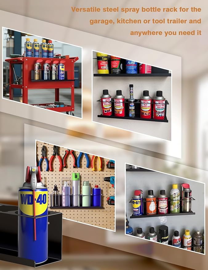 4 Pack Spray Can Holder Organizer, Wall-Mounted Steel Spray Bottle Rack, Tool Box Storage Rack, 5 Cans Metal Paint Can Organizer for Garage, Workspace, Shop, Home or Tool Trailer, Black