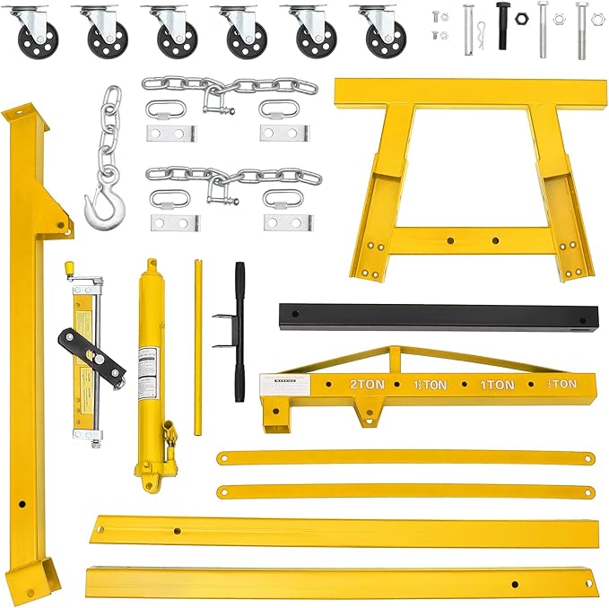 2 Ton Folding Engine Hoist with Lever, Cherry Picker Shop Crane Hoist Lift, 4400 Lbs Heavy Duty Steel Hydraulic Shop Engine Crane for Workshop and Garage, Yellow