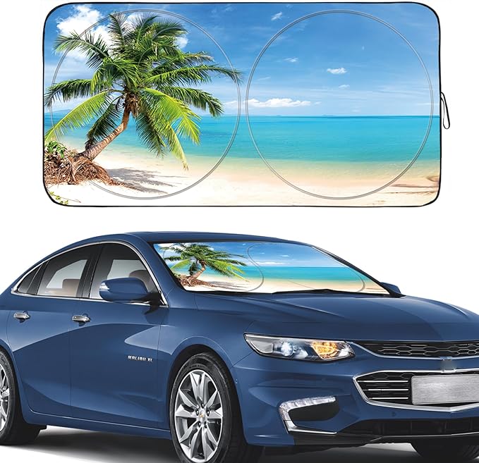 Gven Windshield Sun Shade Car Sun Shade Windshield Palm Tree Windshield Shade UV Protection Heat Reflective Car Sunshade Fits Small Sedans, Mini SUVs, Hatchbacks Car Accessories (Palm Tree, S)