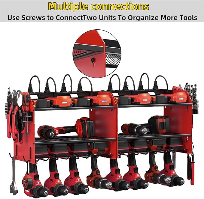 Power Tool Storage Rack, Garage Wall Mount Tool Rack, 4 Drill Bit Holders with Hooks, Screwdriver, Drill Bit Heavy Duty Holder, Tool Battery Holder, Built-in 8-Outlet Power Strip