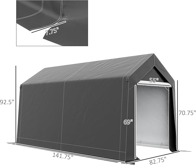 Outsunny 7' x 12' Portable Storage Shed Shelter, Heavy Duty Outdoor Shed, Waterproof Garden Storage Tent with Ventilation Window and Roll-up Zipper Door for Bike, Motorcycle, Garden Tools, Gray