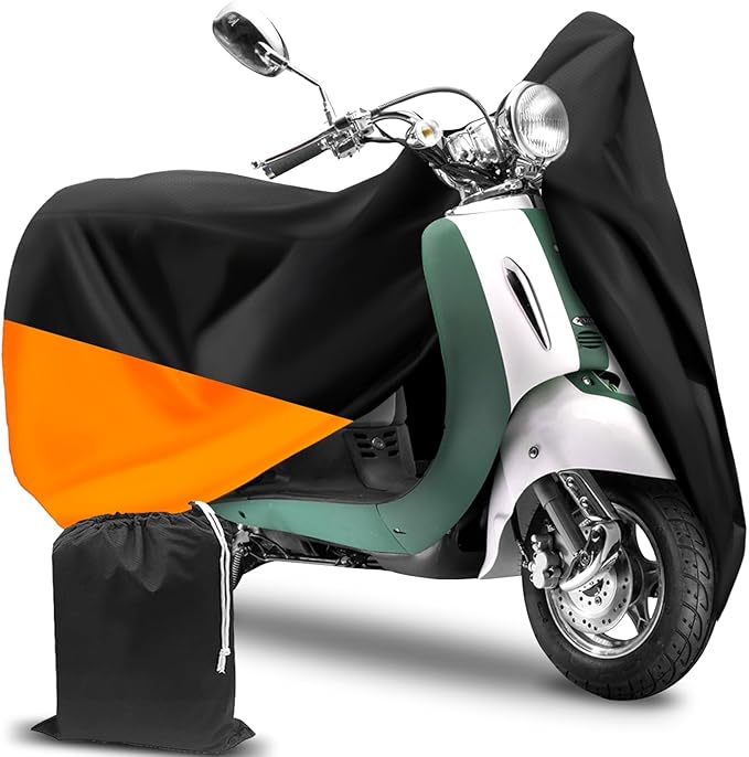 COVERVIN Scooter Outdoor Waterproof Cover, Moped Cover Vespa Cover for Honda Ruckus Yamaha 72″ Long (S, Black Orange)