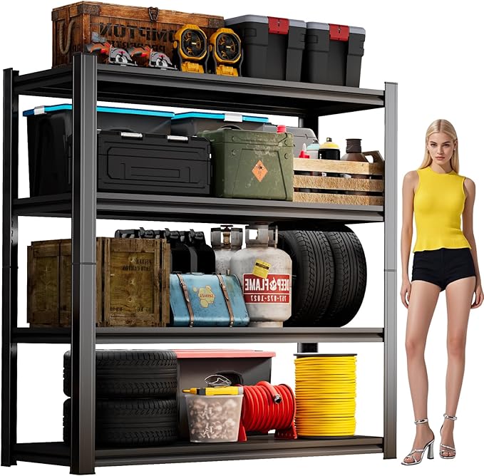 55''H Garage Shelving Heavy Duty Garage Storage Shelves, 2400LBS Capacity Adjustable 4 Tier Metal Industrial Shelf Unit for Kitchen, Utility Room, Warehouse and Basement, Black (16''Dx40''Wx72''H)