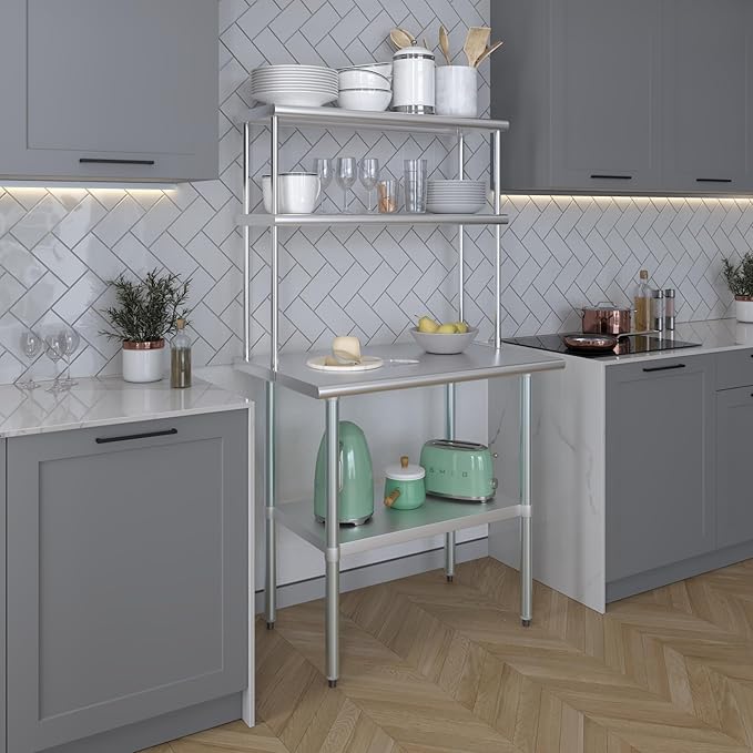 AmGood Stainless Steel Work Table Double Tier Overshelf | NSF (24" x 36" Work Table + 12" Overshelf)