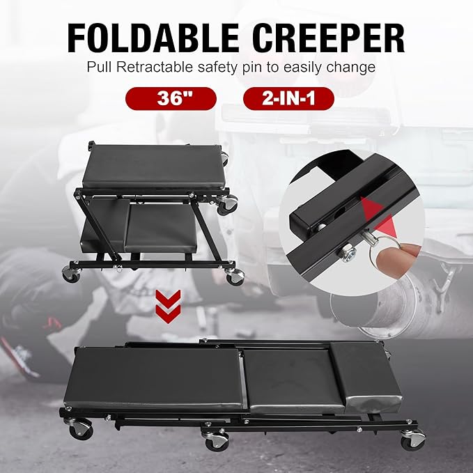 Torin 2-in-1 Foldable Garage Shop Creeper, 36" Black, 300 lbs Capacity, 6 Wheels, ATR6505B