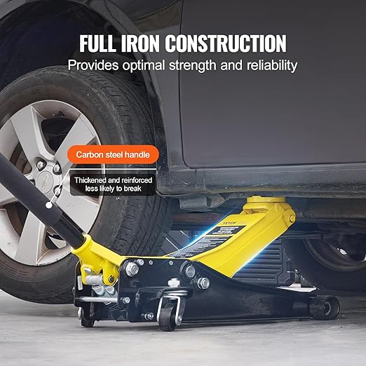 VEVOR Low Profile Floor Jack 2 Ton (4400 lbs), Heavy Duty Iron Hydraulic Racing Floor Jack, Hydraulic Car Jack, Dual Piston Quick Lift Pump, 3"-18.5" Height Lifting Range (Yellow)