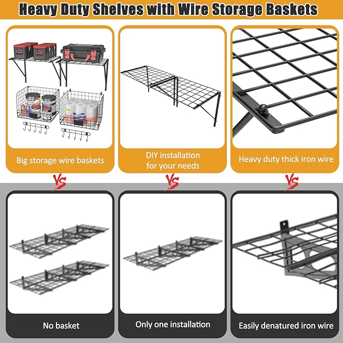 2 Pack Garage Shelves Wall Mounted with Wire baskets, Heavy Duty Garage Wall Shelving with Hooks, Wire Shelf Baskets Tool Organizer for Home Garden Garage Organization and Storage