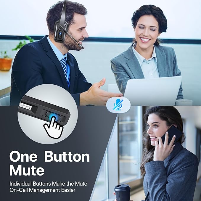 Bluetooth Headset, Trucker Bluetooth Headset with Noise Cancelling Microphone & Mute Button, 60Hrs Working Time, Wireless On-Ear Headphones with Mic for Work/Cellphone/Laptop/Office - Black